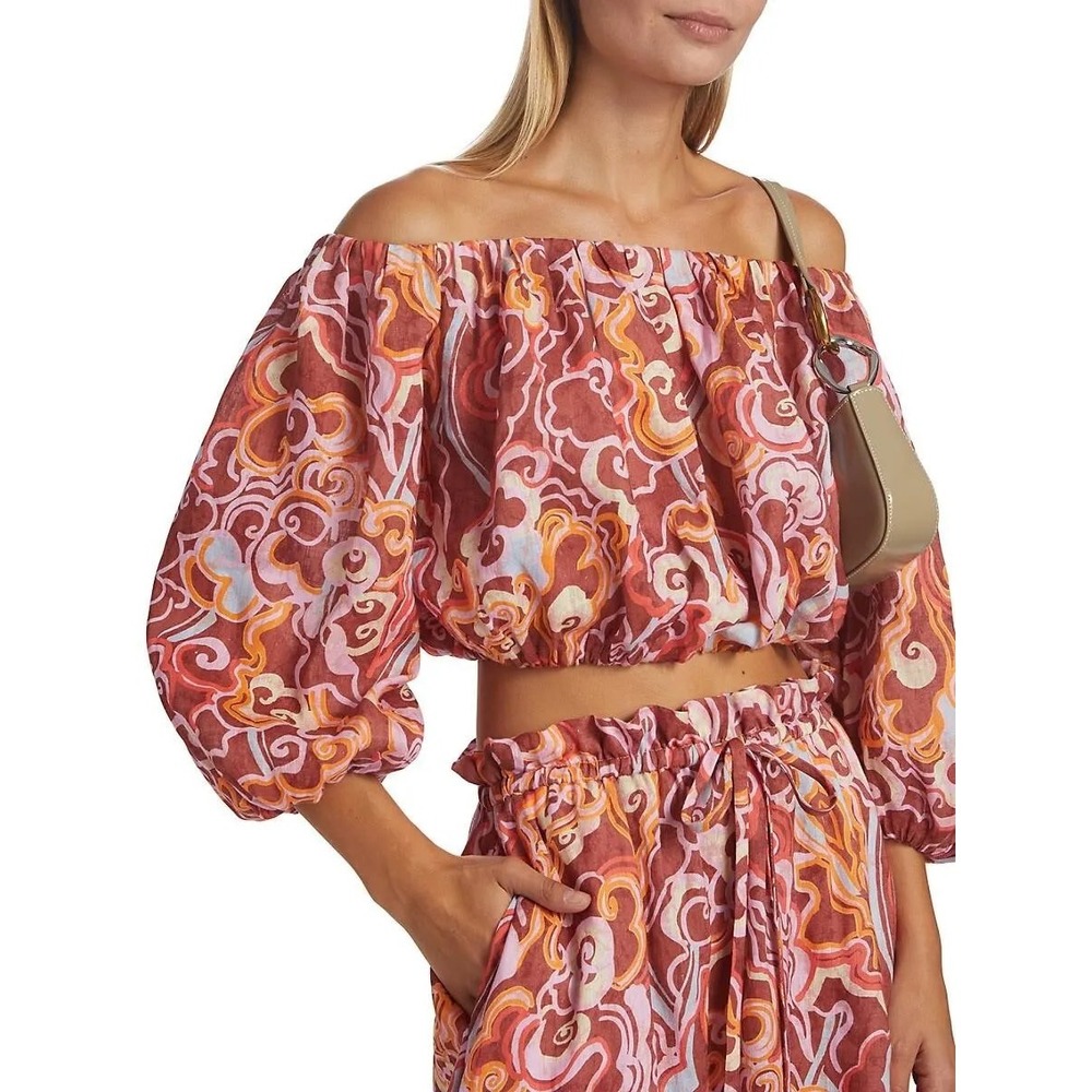 A.L.C. Katherine Linen Off Shoulder Crop Top‎ Balloon Sleeve Swirl Print Size XS